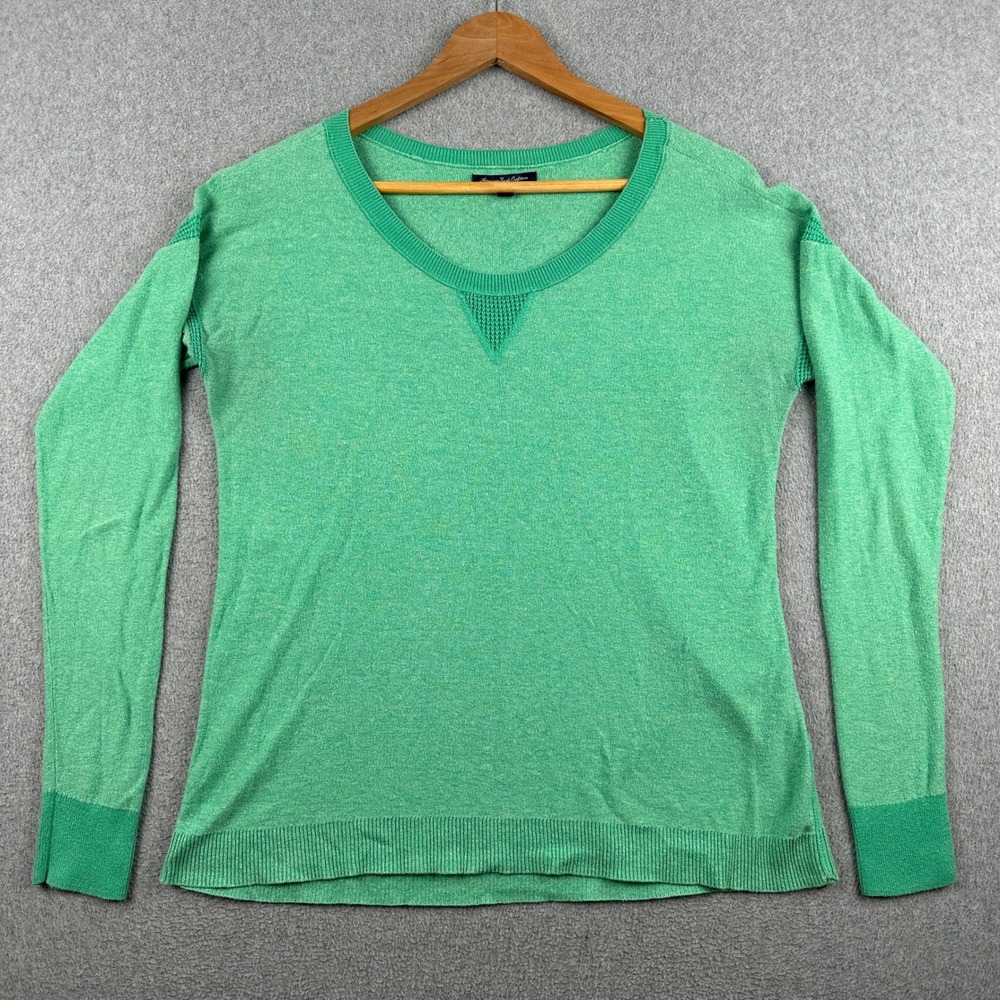 American Eagle Sweater Womens M Green V-Neck Mesh Detail Long Sleeve Pullover
